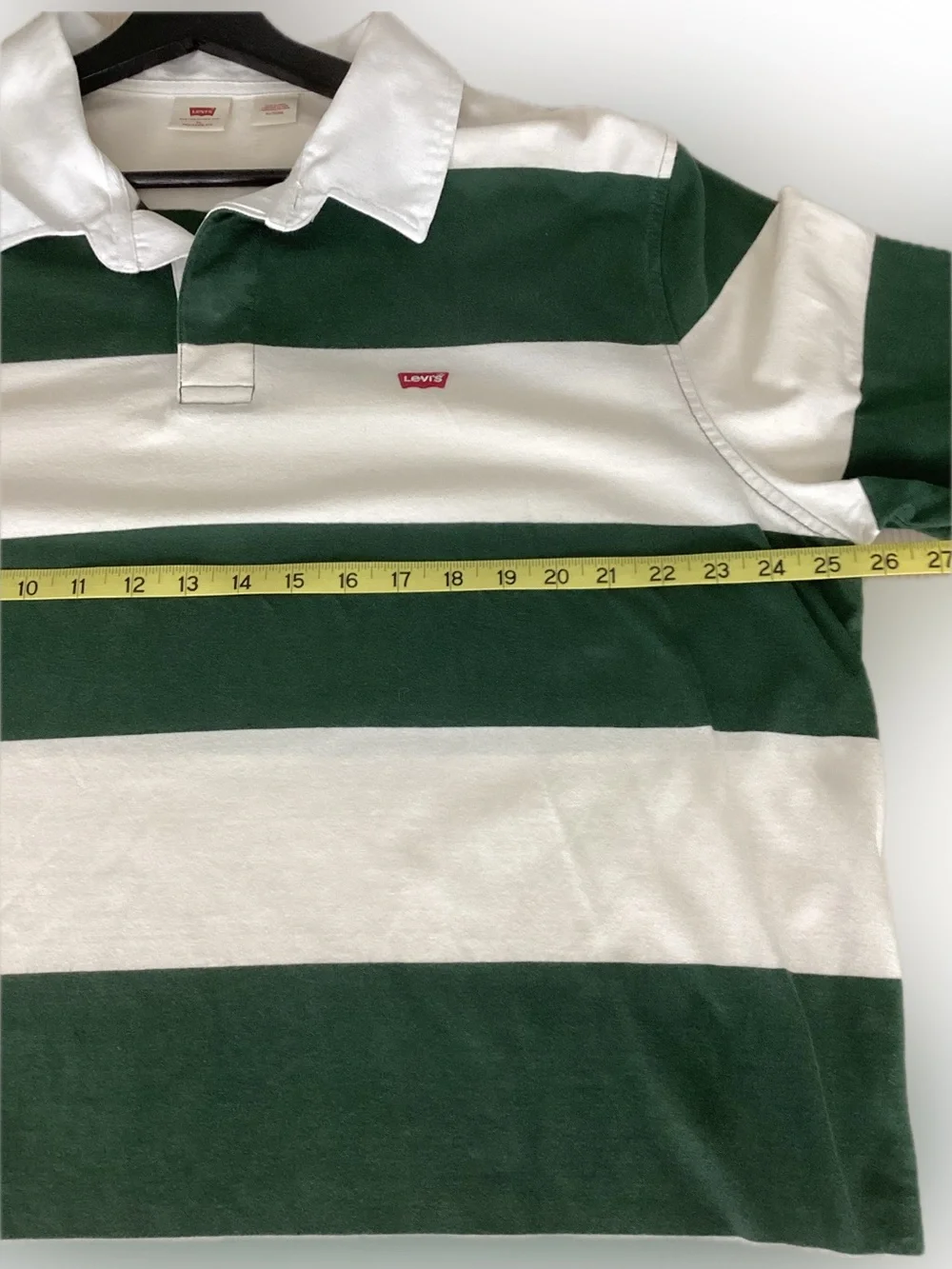 Levi’s Rugby Shirt Men’s XL Green White Stripe Relaxed Fit Long Sleeve Polo